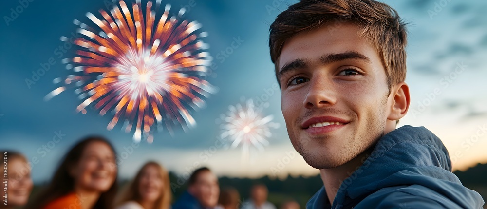 Poster Colorful bursts of fireworks exploding against the night sky lighting up a joyous as families and friends gather on a hilltop to enjoy the festive atmosphere and stunning visual display