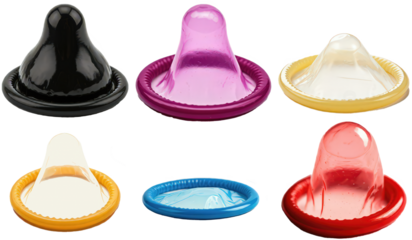 set bundle png condoms condom disease pregnancy prevention different colors black purple yellow white red close-up, isolated on white transparent background