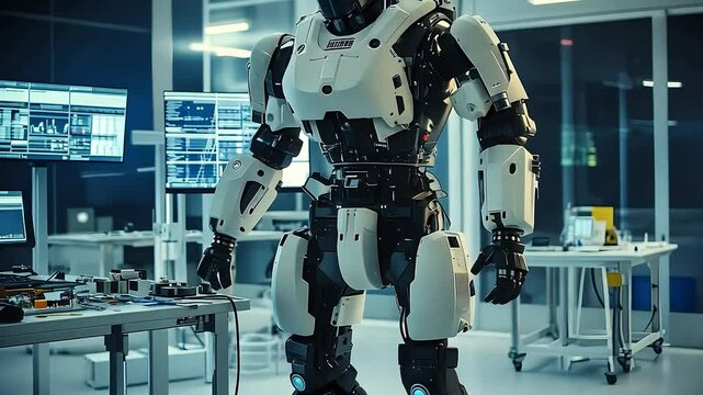 A humanoid robot stands in a high-tech lab surrounded by screens and tools, showcasing advanced technology and robotics research.