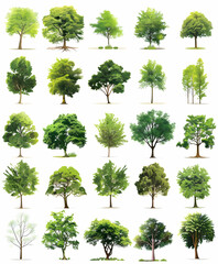 Fototapeta premium A collection of 25 watercolor style illustrations of various trees, isolated on a white background.