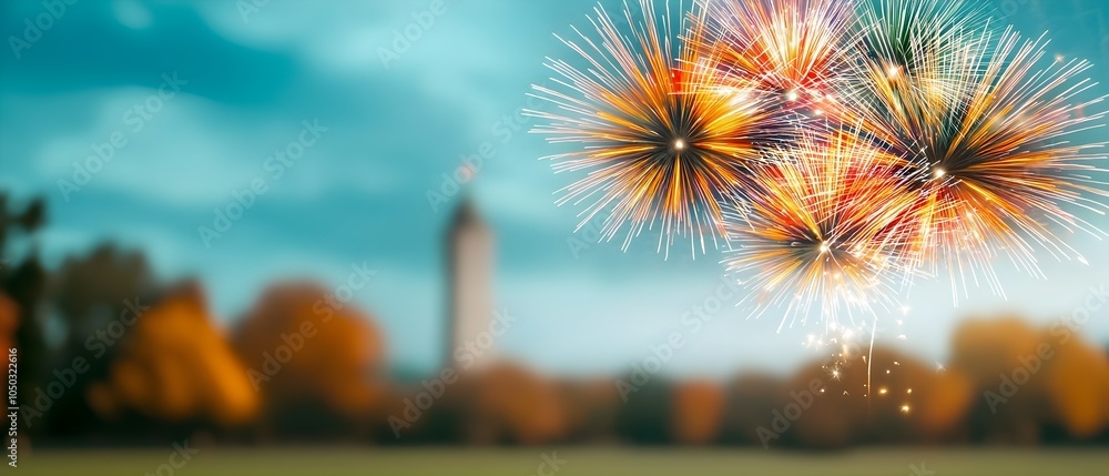 Aufkleber Mesmerizing fireworks display with colorful bursts of light exploding in the night sky illuminating a renowned architectural landmark during a lively festival