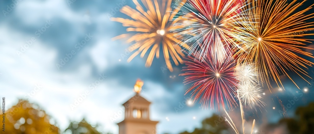 Poster mesmerizing display of colorful fireworks bursting in the night sky illuminating a renowned monument