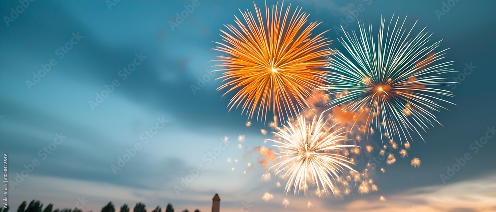 Aufkleber Mesmerizing fireworks display erupting in a burst of vibrant colors and dazzling light illuminating an iconic architectural landmark and creating a magical awe inspiring festival under the night sky