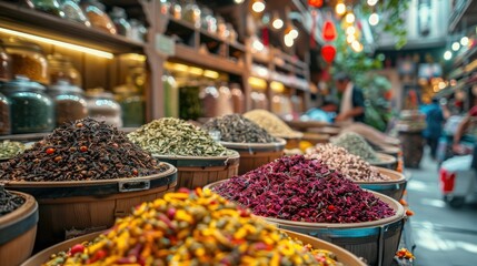 Colorful spices displayed in baskets at a vibrant market stall.