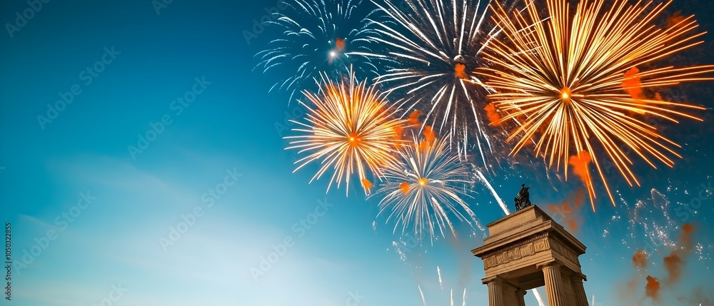 Poster mesmerizing display of colorful fireworks bursting over a famous landmark lighting up the night sky 