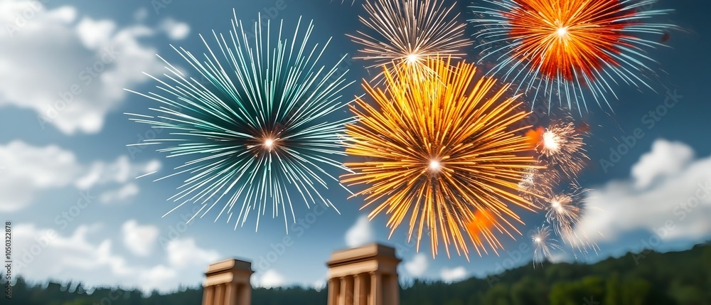 Poster Vibrant multicolored fireworks exploding over a famous architectural landmark creating a breathtaking festival and unforgettable display of light and color in the night sky