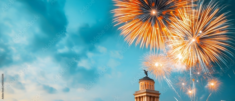Aufkleber captivating display of vibrant colorful fireworks bursting in a dramatic night sky illuminating a fa
