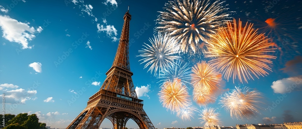 Poster dramatic and colorful fireworks display lighting up the night sky over a famous landmark creating a 
