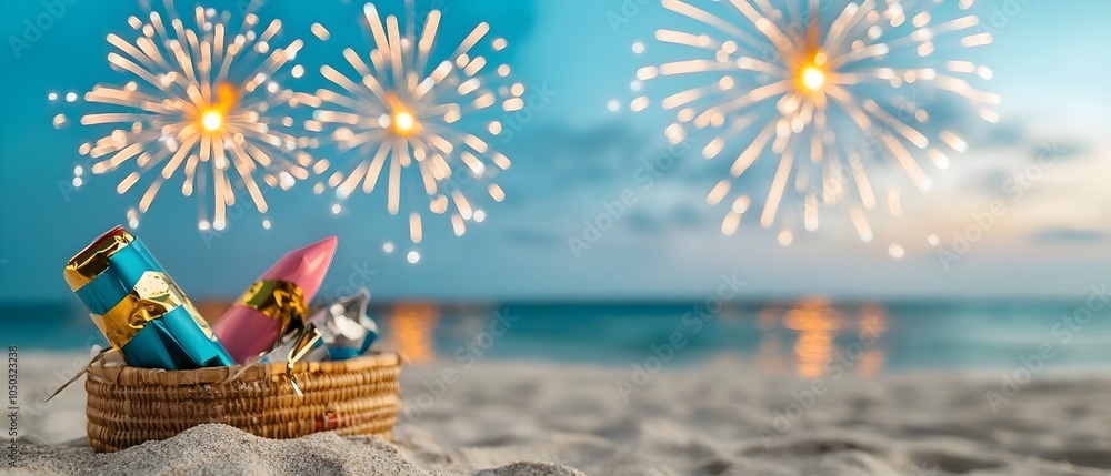 Poster Mesmerizing display of colorful fireworks exploding over the tranquil ocean creating a magical seaside with shimmering reflections under the night sky