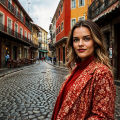 Blonde woman in the city in a red dress