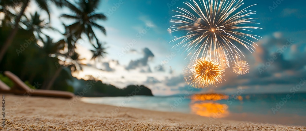 Poster Mesmerizing display of vibrant fireworks exploding over the serene ocean creating a magical coastal under the night sky  Reflections shimmering on the water adding to the captivating spectacle