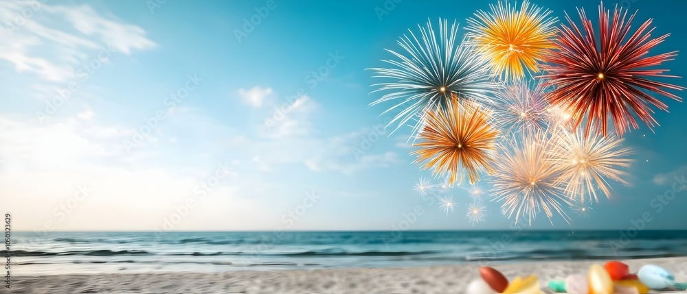 Poster Bright and colorful fireworks exploding over the ocean during a seaside festival with reflections lighting up the beach in a vibrant coastal