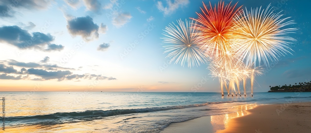 Poster bright and colorful fireworks exploding over the serene ocean during a lively seaside festival with 