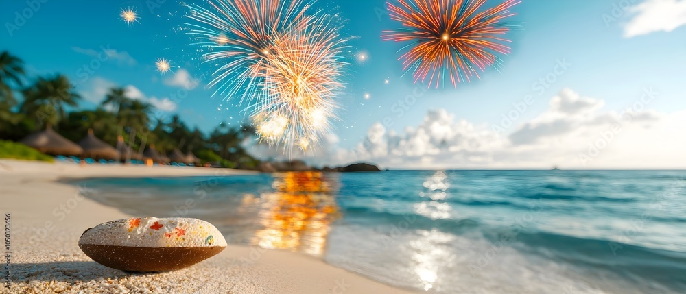 Aufkleber Bright and colorful fireworks exploding in a dazzling display over the tranquil ocean during a lively seaside festival with the reflections lighting up the beach in a vibrant coastal