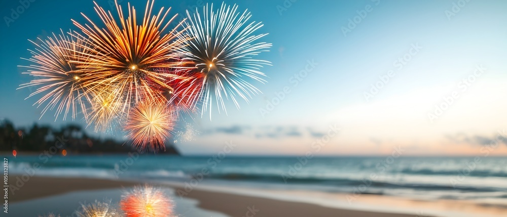 Aufkleber vibrant fireworks exploding in a spectacular display over the calm sea during a lively beach festiva