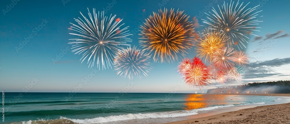 Poster vibrant seaside festival with dazzling fireworks displays illuminating the ocean and coastline creat