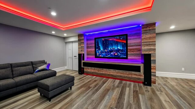 A modern home theater with red and blue LED lights around the ceiling and a flat screen TV