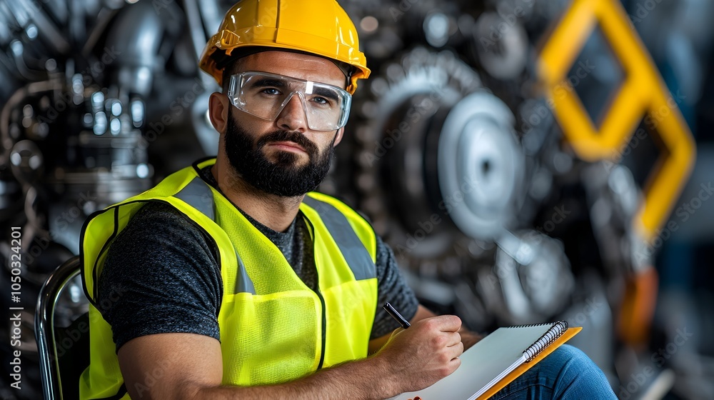 Poster portrait of an engineer wearing a yellow safety vest and helmet sitting with a notebook in front of 