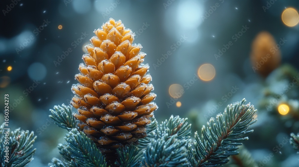 Poster a close-up of a pine cone covered in frost with bokeh lights in the background.