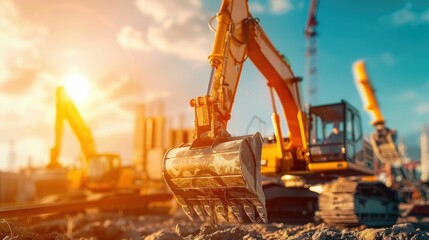Excavator at construction site, clear sky and sunlight, heavy machinery in action.