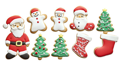 set of different gingerbread cookies such as snow man , Santa Claus , pine trees , stockings shaped