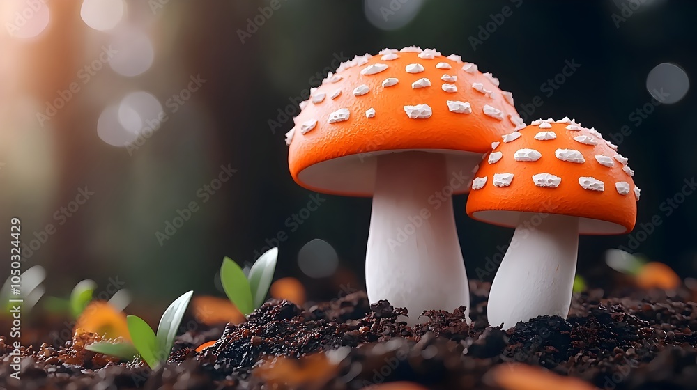 Aufkleber vibrant white and orange cap mushrooms sprouting from the forest floor surrounded by a soft dreamy b