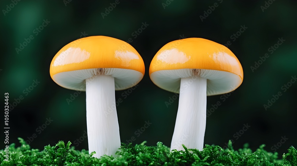 Poster Pair of mystical white and orange cap mushrooms emerging from the mossy forest floor set against a dreamy soft focus bokeh background creating an ethereal and serene woodland vibe
