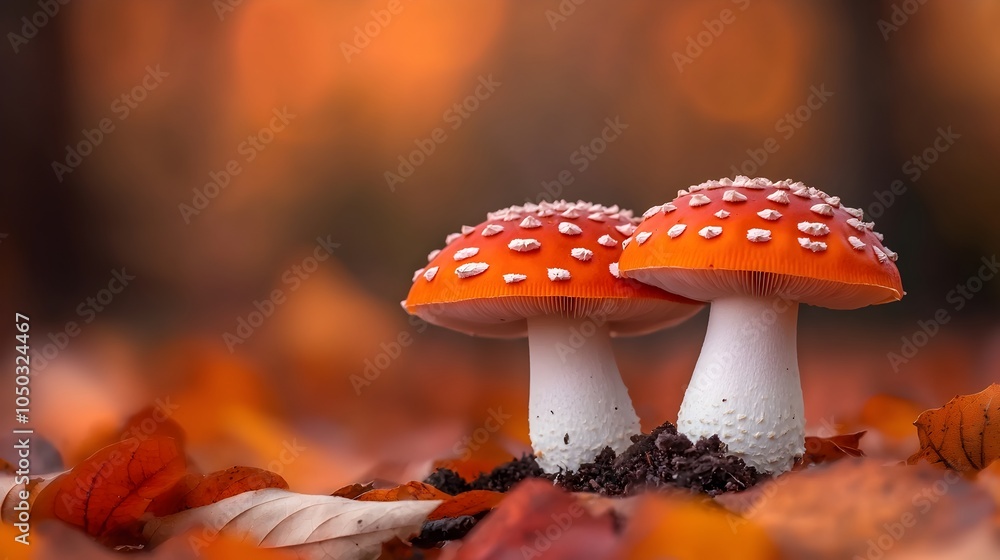 Aufkleber enchanting white and orange cap mushrooms sprouting from the forest floor surrounded by soft dreamy 