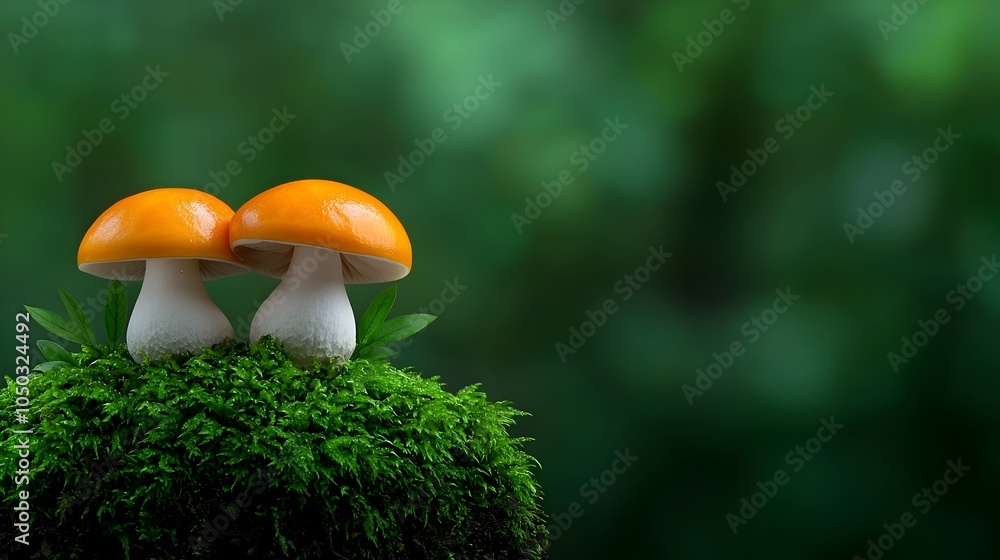 Poster Enchanting pair of white and orange cap mushrooms emerging from the mossy forest floor set against a dreamy soft focus bokeh background creating an ethereal and serene woodland vibe