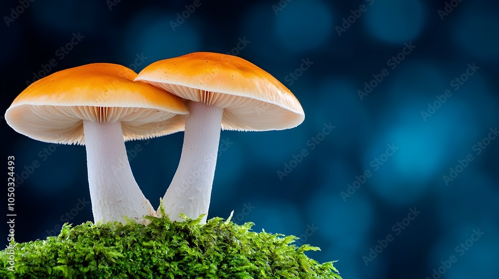 Poster pair of white and orange cap mushrooms emerging from the mossy forest floor set against a dreamy sof