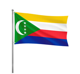 Comoros National flag waving in the wind on a silver pole, isolated on transparent