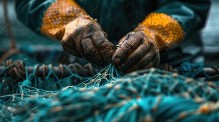 Fisherman repairing fishing net with gloves, detailed focus on hands and netting.