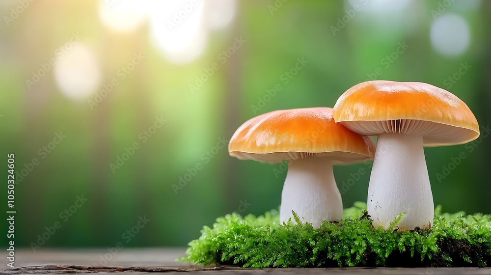 Poster captivating close up of vibrant orange and white forest mushrooms thriving amidst verdant moss surro