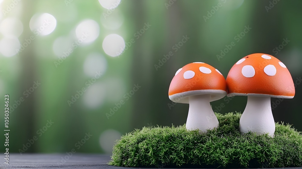 Poster Enchanting forest mushrooms with orange and white caps growing amidst lush green moss with a soft glowing bokeh background of blurred trees and radiant sunlight