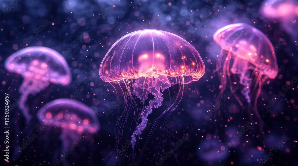 Poster ethereal jellyfish illuminate the deep ocean in a mesmerizing dance of color and light during twilig
