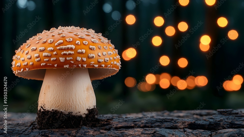 Poster Magical mushrooms growing beneath towering trees in a tranquil woodland setting with dreamy bokeh lights adding depth and charm to the peaceful scene