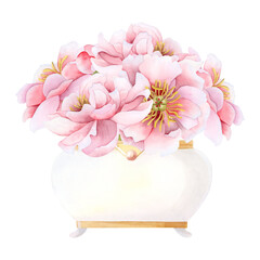 Pink peony bouquet in white vintage vase watercolor isolated illustration. Blooming peonies flowers for wedding invitations and decor. Delicate floral element for florist shops and Mothers Day cards