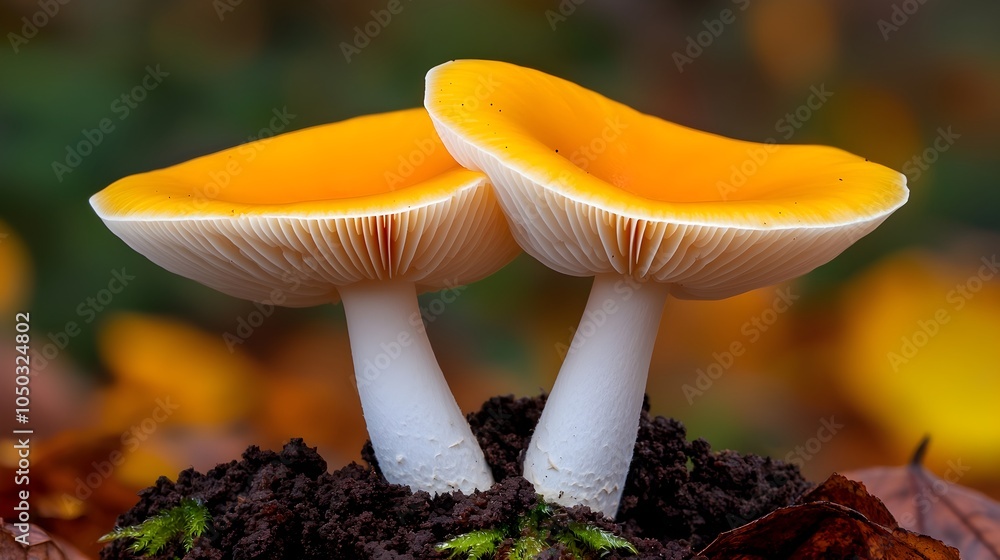 Poster Captivating white and orange mushrooms sprouting in a lush forest enhanced by a gentle soft focus bokeh background with warm tranquil tones creating a peaceful and magical atmospheric scene