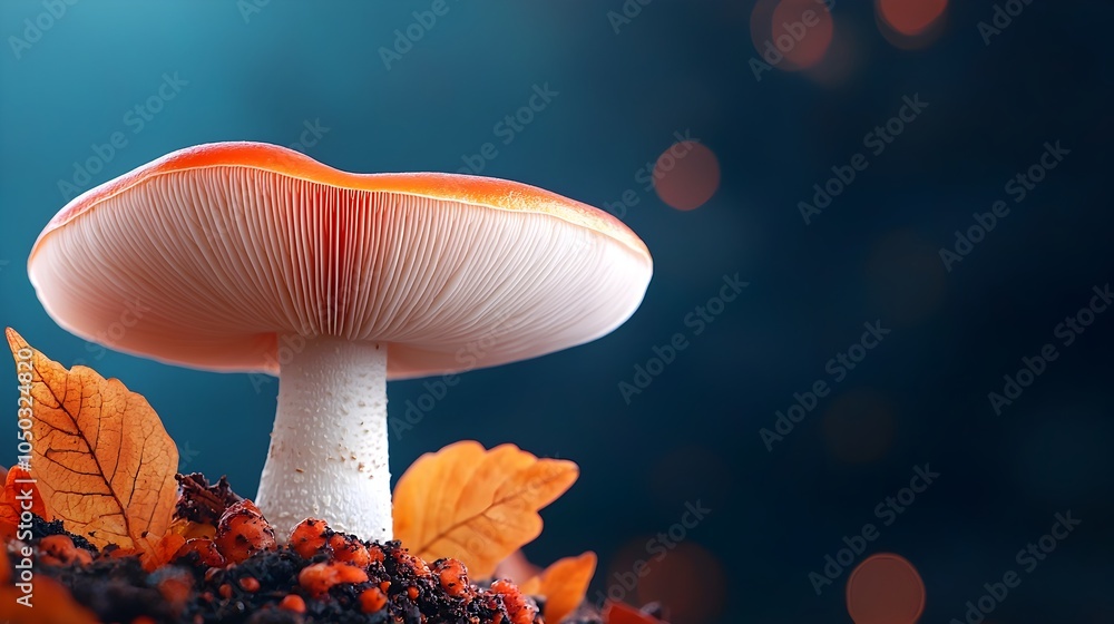 Poster Enchanting mushrooms sprouting in a serene forest oasis with a gentle soft focus bokeh background in warm autumn tones creating a peaceful and magical atmosphere