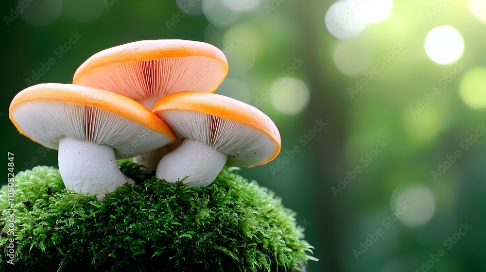 Poster Serene forest scene with vibrant orange and white mushrooms growing among lush green moss with a soft glowing bokeh background blurring the trees and sunlight to create a calming atmospheric ambiance