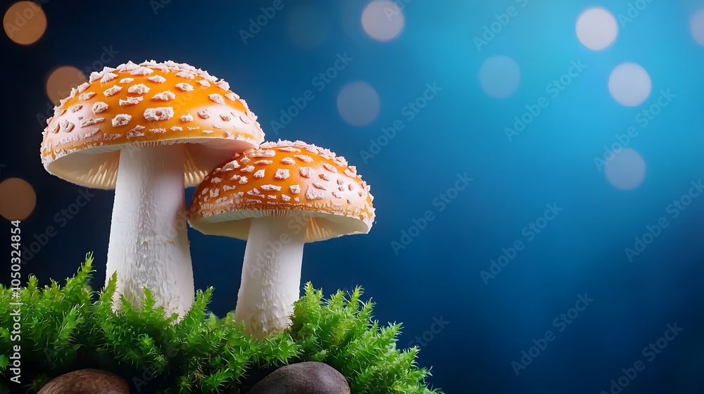 Poster Whimsical white and orange mushrooms thriving in a peaceful soft focused forest setting with warm glowing tones that create a magical ethereal atmosphere