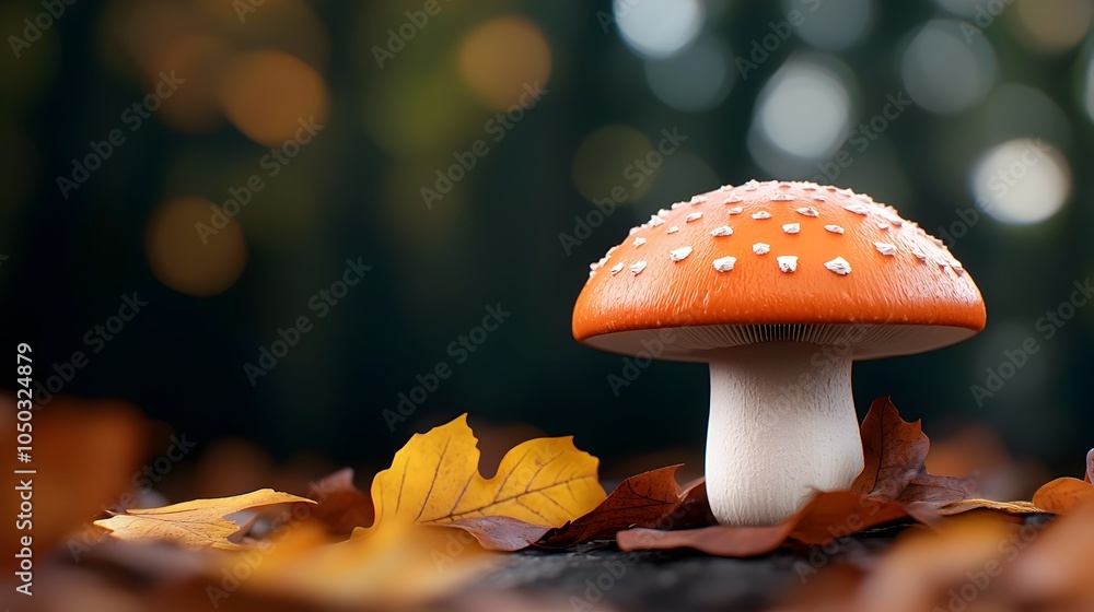 Poster Vibrant orange and white capped mushrooms growing amidst lush forest foliage with a dreamy blurred bokeh background creating a sense of wonder and enchantment in the natural environment