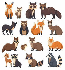 Fototapeta premium Set of cartoon foxes and raccoons in various poses.