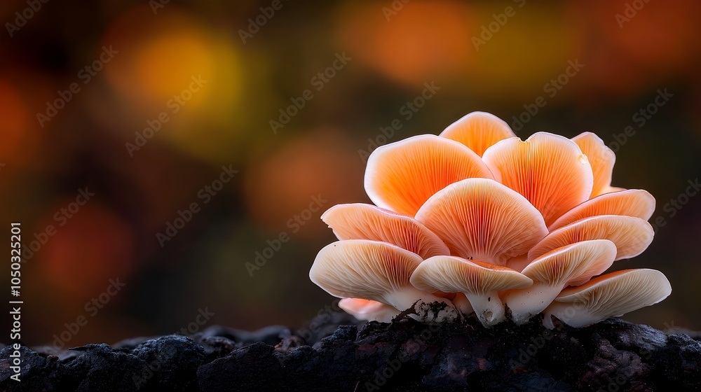 Poster Captivating image of beautiful orange and white cap mushrooms nestled in a lush woodland setting surrounded by a dreamy bokeh infused atmosphere that creates a mystical and enchanting ambiance
