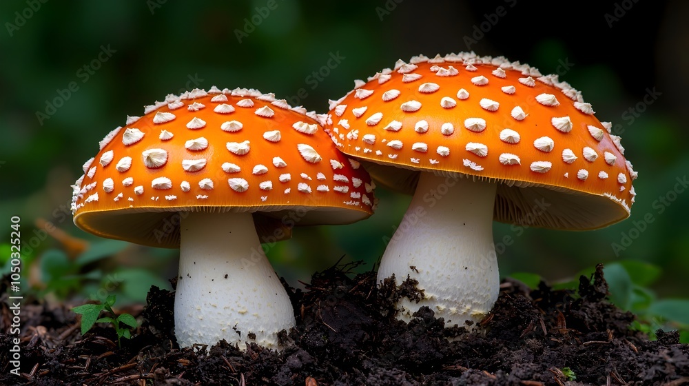 Poster Captivating orange and white cap mushrooms nestled in a lush woodland setting surrounded by a dreamy mystical bokeh effect that creates a serene and enchanting atmosphere