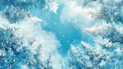 Fototapeta premium A whimsical snow-covered forest with a blue sky above, depicted in a painterly style.