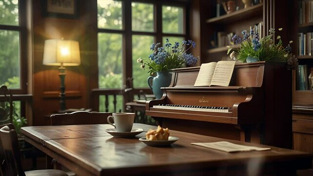 A cup of coffee on the table and a grand piano. Seamless 4K looping timelapse video animation background