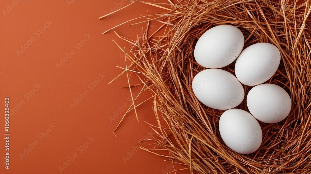 Poster Close up view of white eggs nestled in a nest of warm golden straw grass with soft cozy textures creating a peaceful farm inspired setting ideal for fresh produce and nature themed imagery