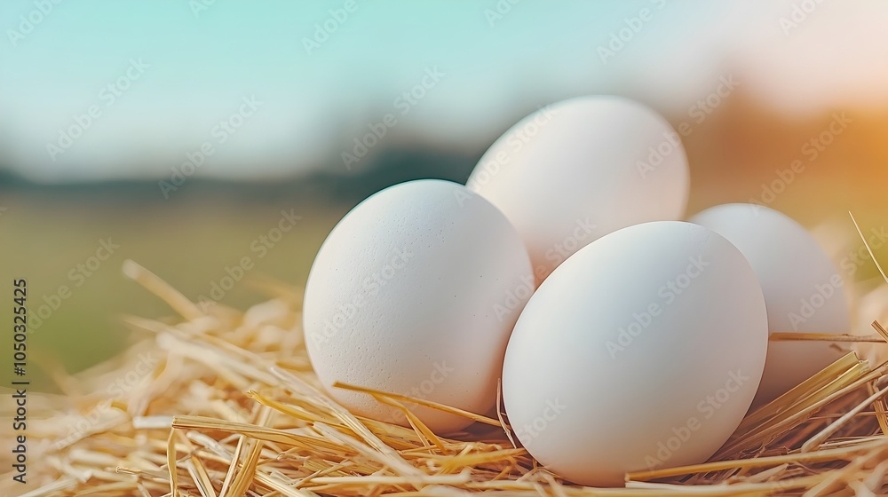 Poster close up photography of white eggs nestled in a cozy bed of golden straw grass with warm tones and a