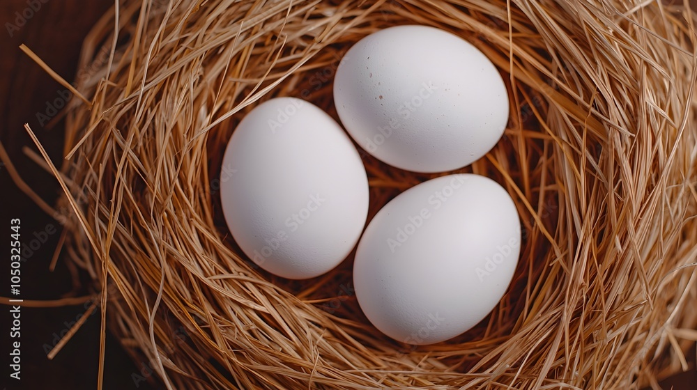 Poster peaceful farm inspired setting with close up of white eggs nestled in soft golden straw grass showca